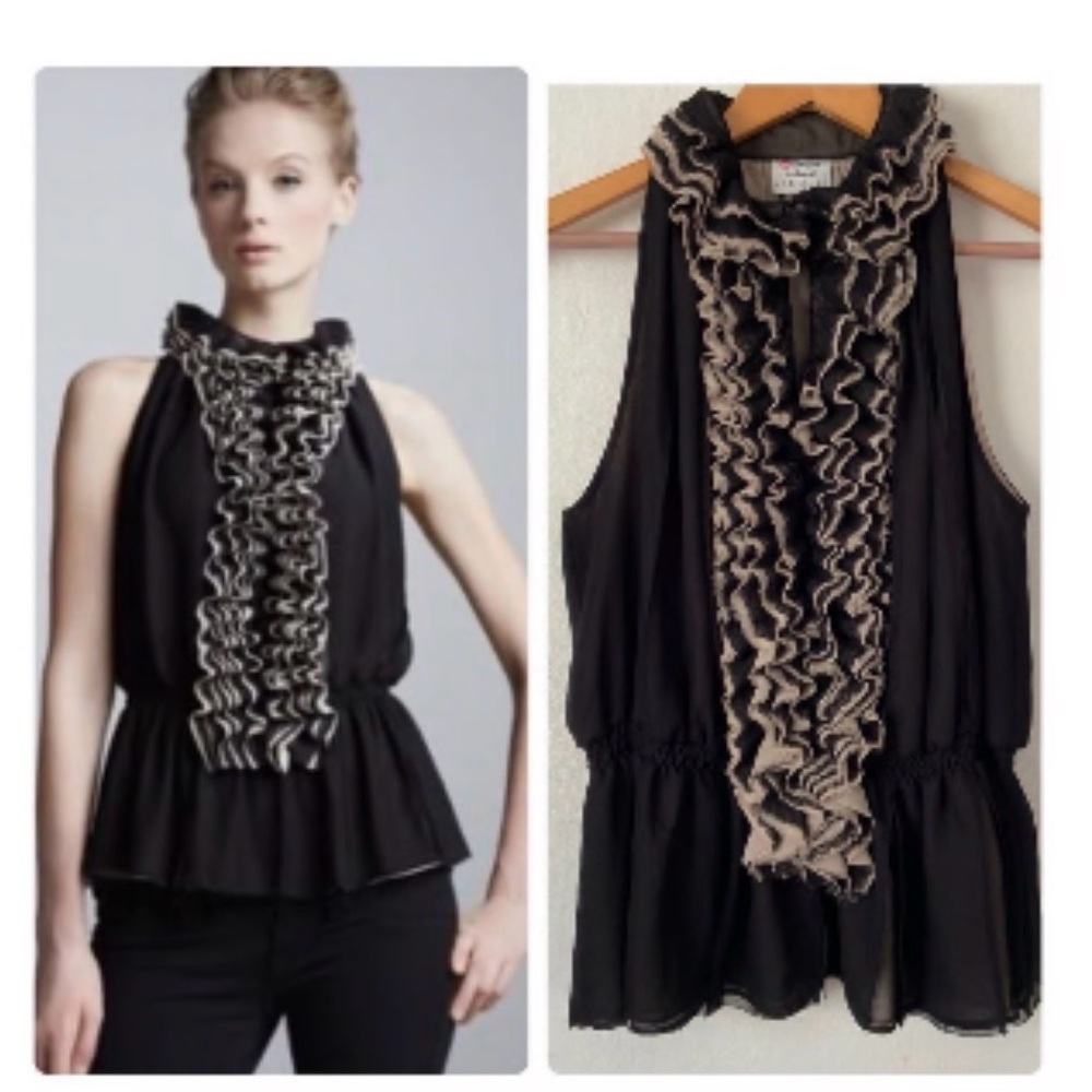 Neiman Marcus Black Sleeveless Ruffle Halter Top with Cream Trim
